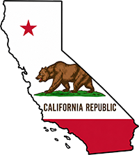 California state outline with flag in-fill