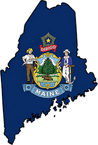 Maine state outline with flag in-fill