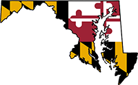 Maryland state outline with flag in-fill