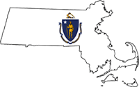 Massachusetts state outline with flag in-fill