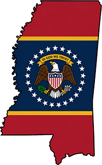 Mississippi state outline with flag in-fill