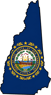 New Hampshire state outline with flag in-fill